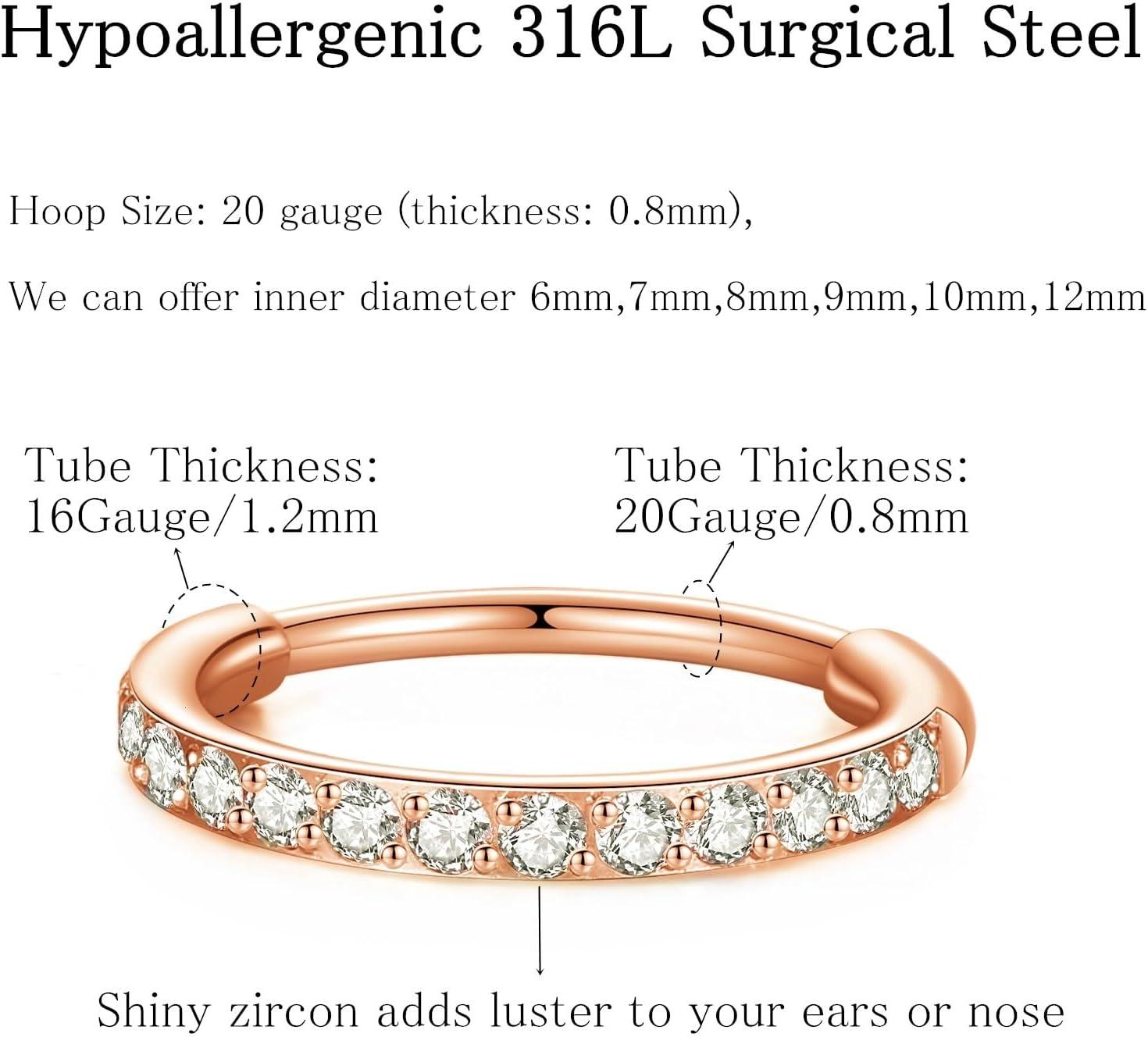 imageORANGELOVE 20G 18G 16G Clear CZ Nose Ring Hoop 316L Surgical Steel Seamless Silver Septum Ring Clicker Jewelry Cartilage Earring Ear Piercing Hoop Earrings for Women Men Helix Rook Lobe Conch Tragus Daith Lip Hinged Piercing Jewelry with Cubic Zirconia1pcClear CZ 20G 8mm Rose Gold