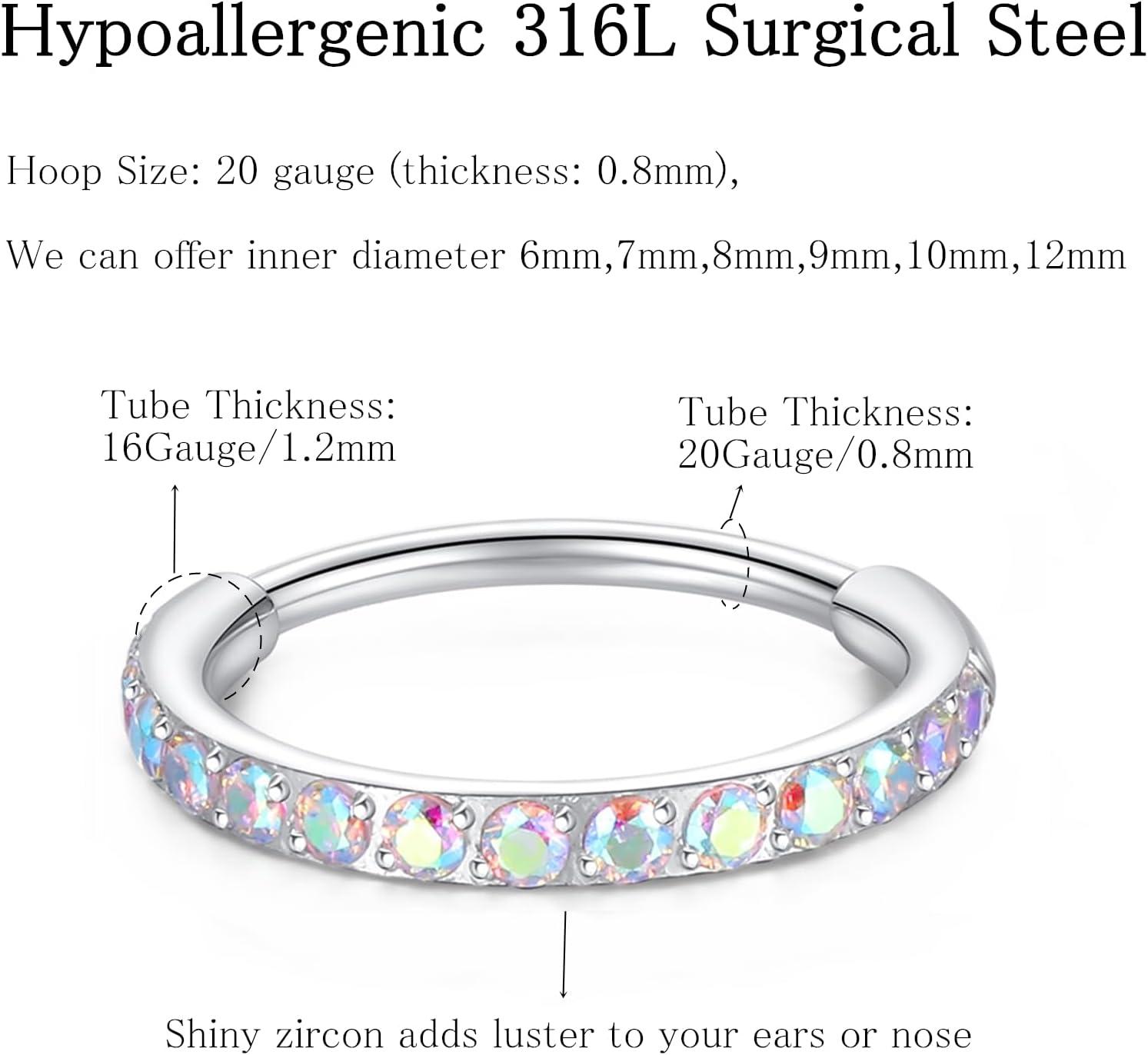 imageORANGELOVE 20G 18G 16G Clear CZ Nose Ring Hoop 316L Surgical Steel Seamless Silver Septum Ring Clicker Jewelry Cartilage Earring Ear Piercing Hoop Earrings for Women Men Helix Rook Lobe Conch Tragus Daith Lip Hinged Piercing Jewelry with Cubic Zirconia1pcRainbow CZ 20G 6mm Silver