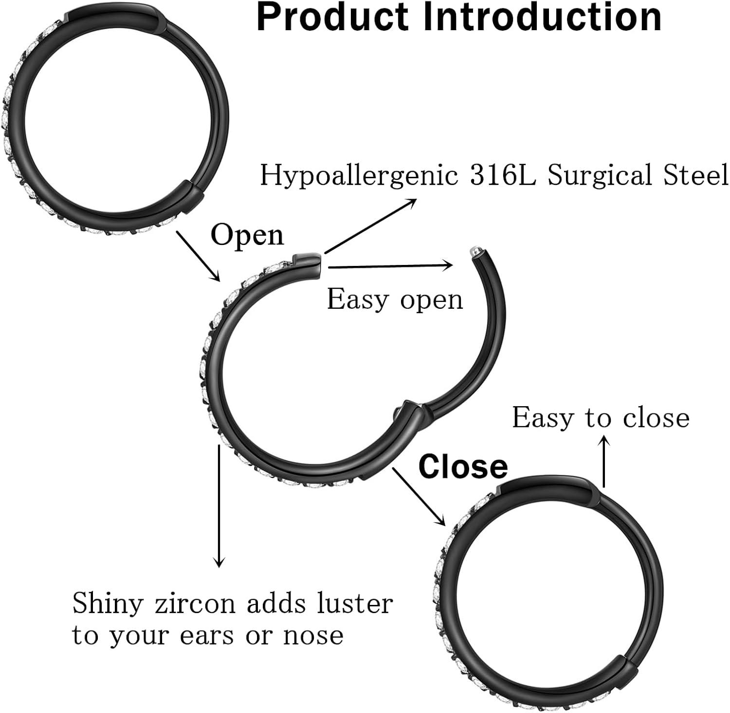 imageORANGELOVE 20G 18G 16G Clear CZ Nose Ring Hoop 316L Surgical Steel Seamless Silver Septum Ring Clicker Jewelry Cartilage Earring Ear Piercing Hoop Earrings for Women Men Helix Rook Lobe Conch Tragus Daith Lip Hinged Piercing Jewelry with Cubic Zirconia1pcClear CZ 20G 9mm Black