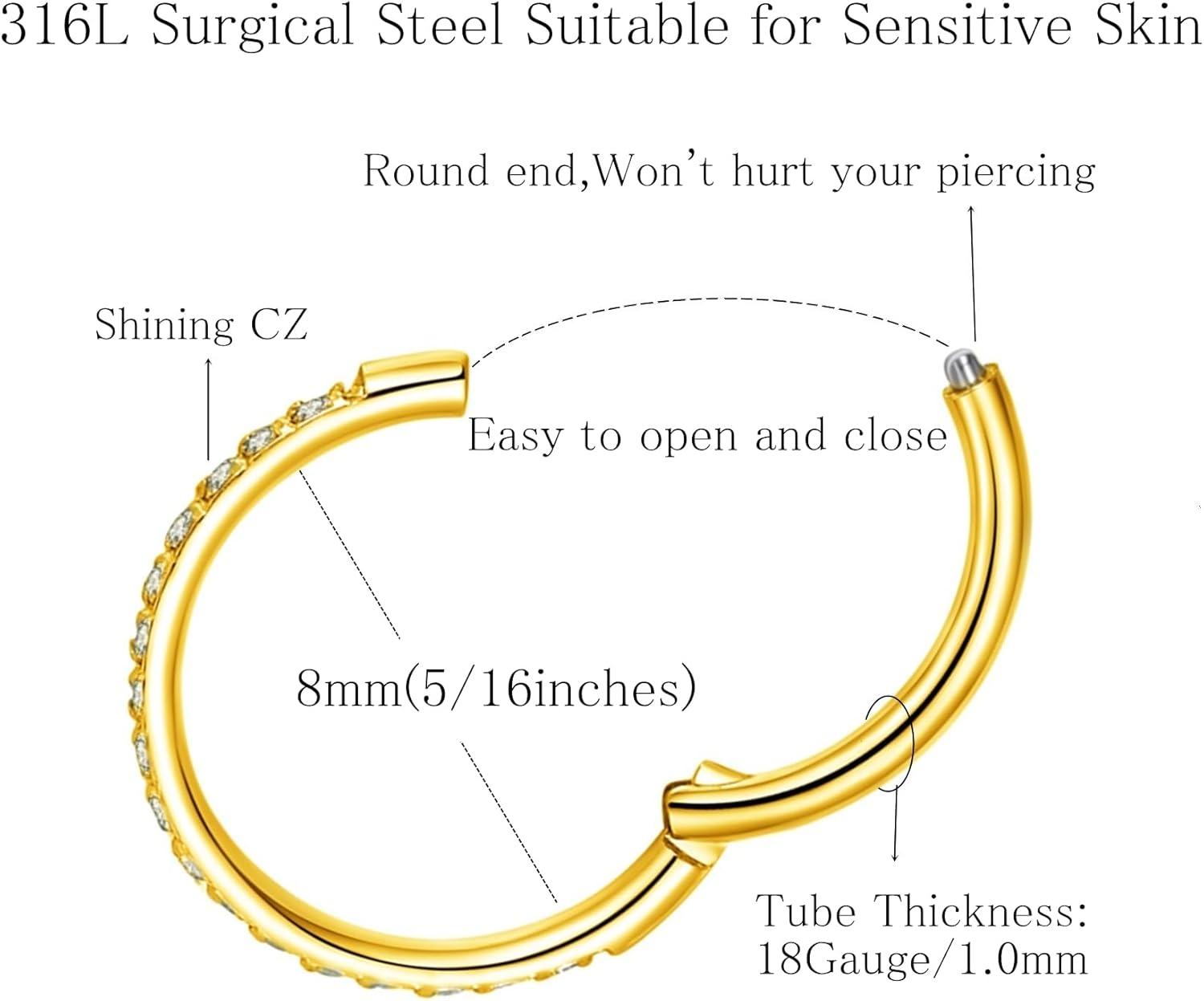 imageORANGELOVE 20G 18G 16G Clear CZ Nose Ring Hoop 316L Surgical Steel Seamless Silver Septum Ring Clicker Jewelry Cartilage Earring Ear Piercing Hoop Earrings for Women Men Helix Rook Lobe Conch Tragus Daith Lip Hinged Piercing Jewelry with Cubic Zirconia2pcsClear CZ 18G 8mm Gold