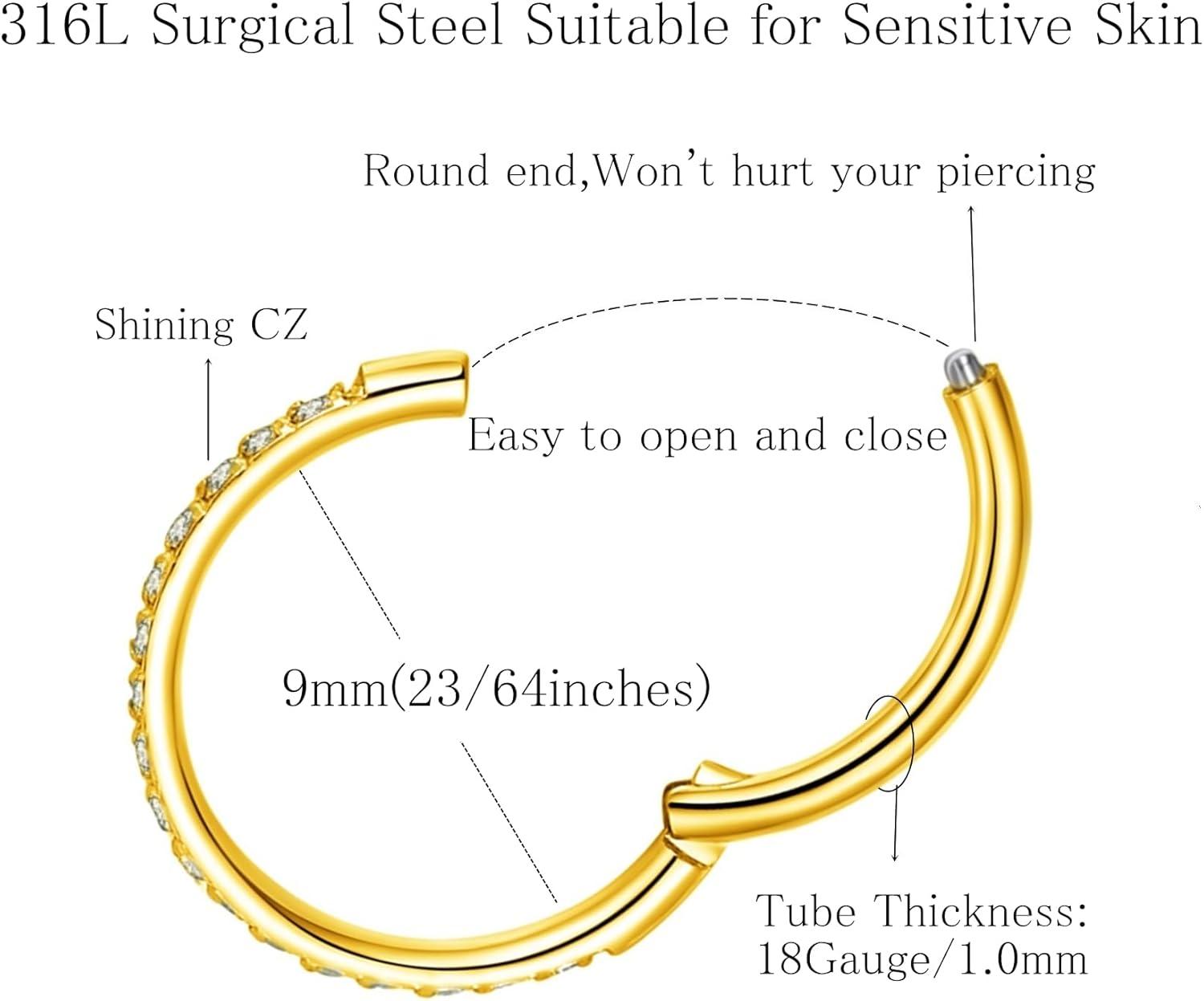 imageORANGELOVE 20G 18G 16G Clear CZ Nose Ring Hoop 316L Surgical Steel Seamless Silver Septum Ring Clicker Jewelry Cartilage Earring Ear Piercing Hoop Earrings for Women Men Helix Rook Lobe Conch Tragus Daith Lip Hinged Piercing Jewelry with Cubic Zirconia2pcsClear CZ 18G 9mm Gold