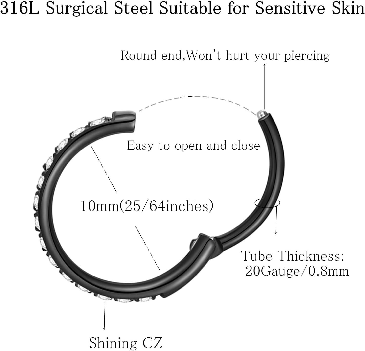 imageORANGELOVE 20G 18G 16G Clear CZ Nose Ring Hoop 316L Surgical Steel Seamless Silver Septum Ring Clicker Jewelry Cartilage Earring Ear Piercing Hoop Earrings for Women Men Helix Rook Lobe Conch Tragus Daith Lip Hinged Piercing Jewelry with Cubic Zirconia2pcsClear CZ 20G 10mm Black