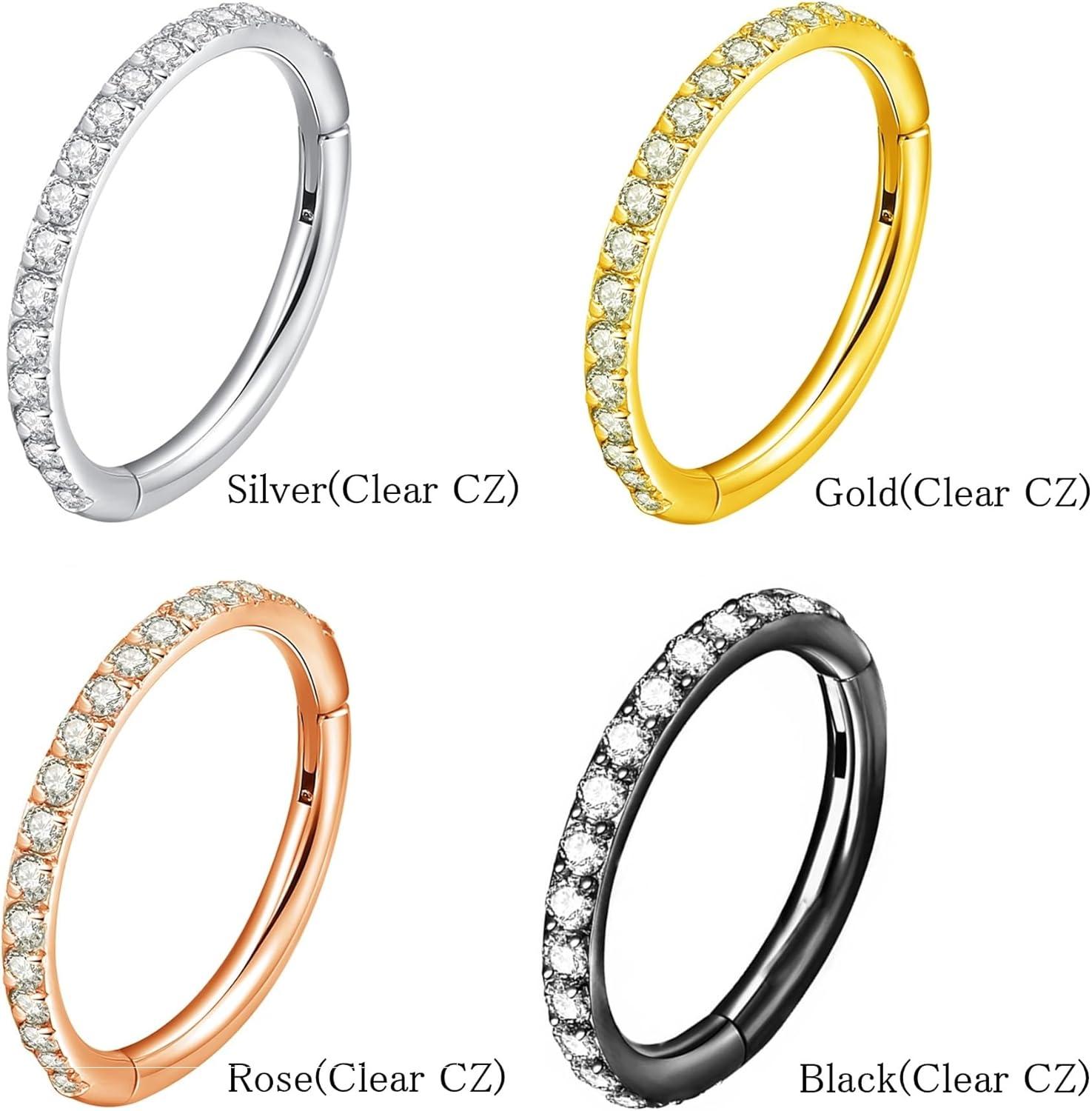 imageORANGELOVE 20G 18G 16G Clear CZ Nose Ring Hoop 316L Surgical Steel Seamless Silver Septum Ring Clicker Jewelry Cartilage Earring Ear Piercing Hoop Earrings for Women Men Helix Rook Lobe Conch Tragus Daith Lip Hinged Piercing Jewelry with Cubic Zirconia2pcsClear CZ 16G 8mm Gold