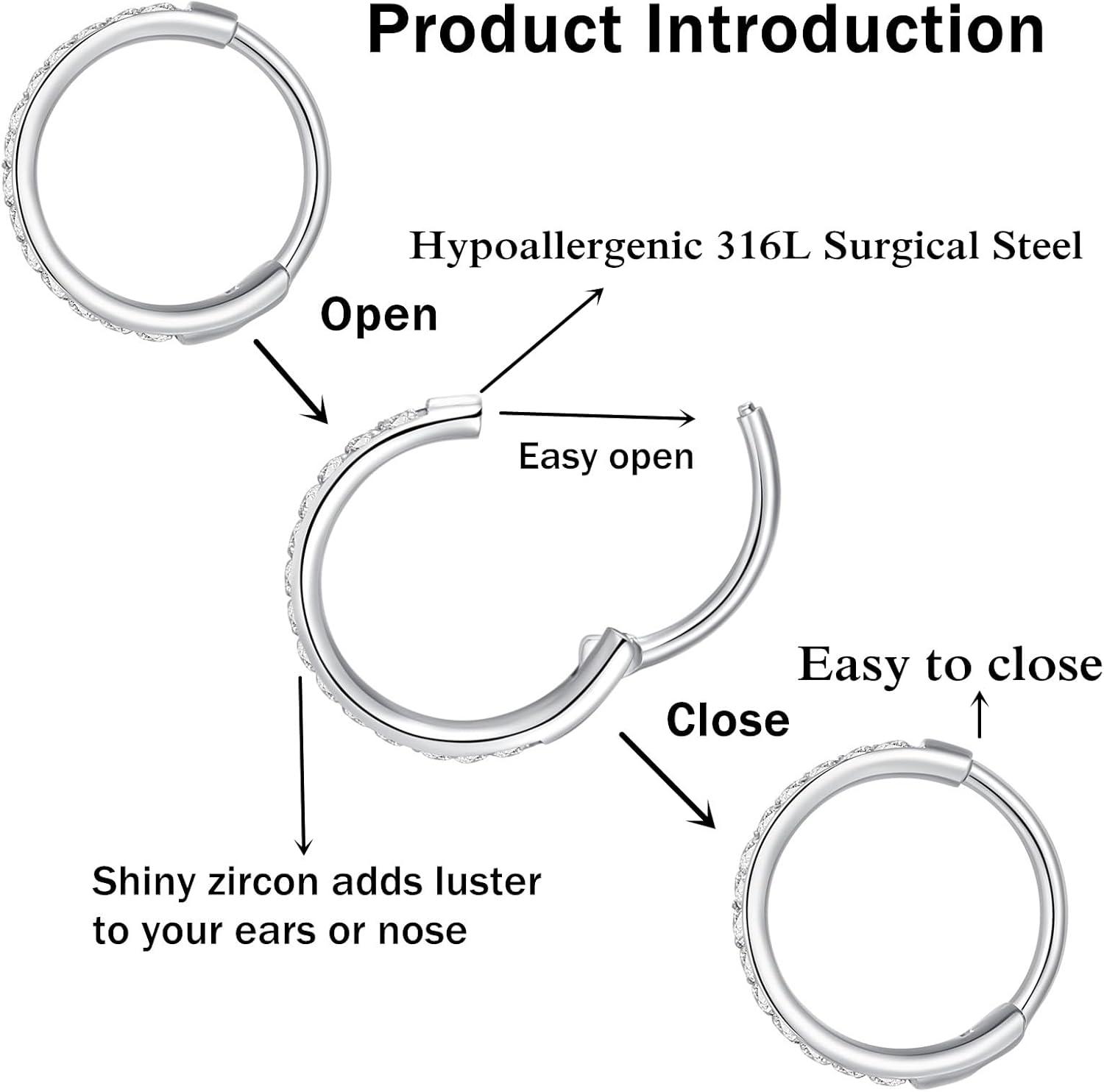 imageORANGELOVE 20G 18G 16G Clear CZ Nose Ring Hoop 316L Surgical Steel Seamless Silver Septum Ring Clicker Jewelry Cartilage Earring Ear Piercing Hoop Earrings for Women Men Helix Rook Lobe Conch Tragus Daith Lip Hinged Piercing Jewelry with Cubic Zirconia2pcsClear CZ 20G 6mm Silver