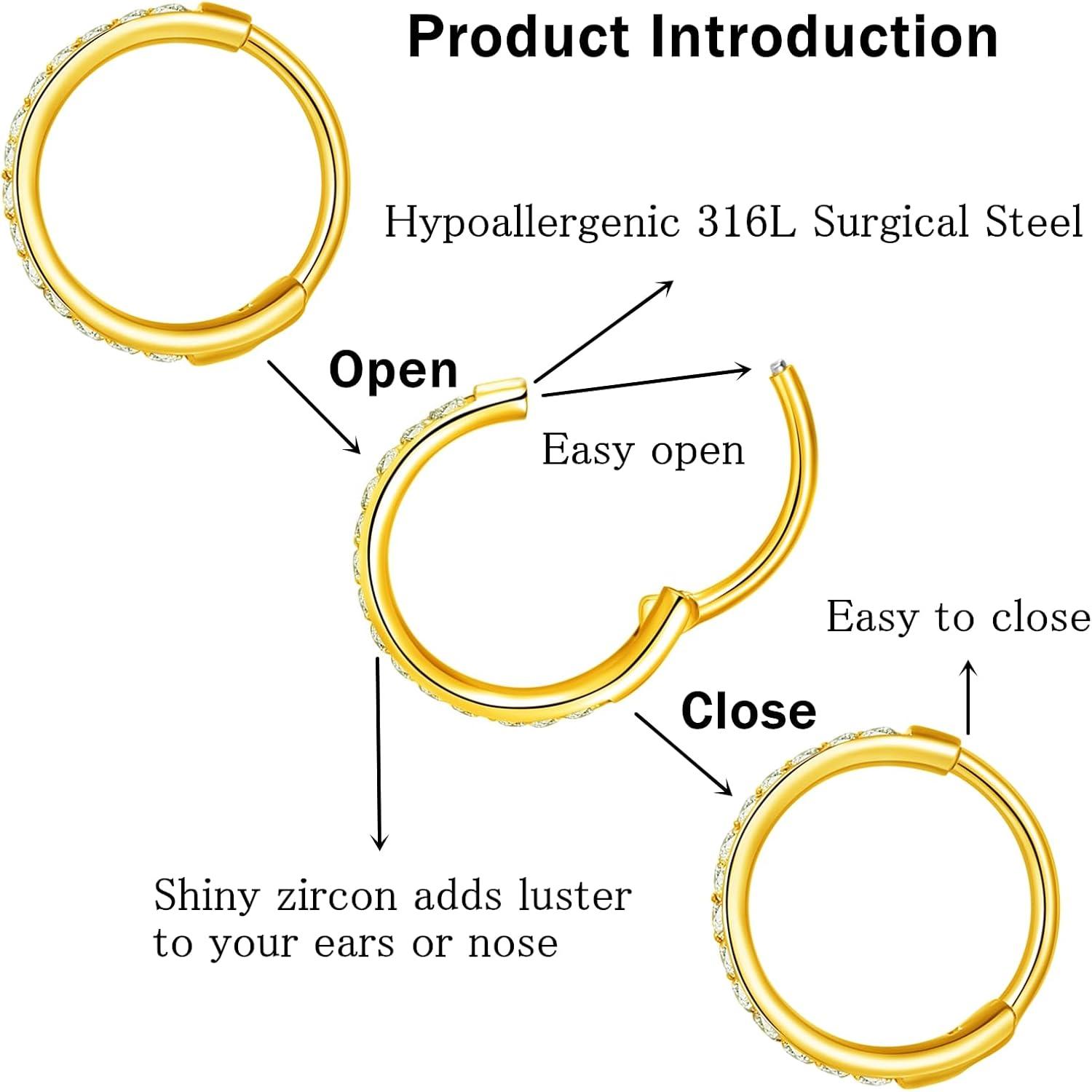 imageORANGELOVE 20G 18G 16G Clear CZ Nose Ring Hoop 316L Surgical Steel Seamless Silver Septum Ring Clicker Jewelry Cartilage Earring Ear Piercing Hoop Earrings for Women Men Helix Rook Lobe Conch Tragus Daith Lip Hinged Piercing Jewelry with Cubic Zirconia2pcsClear CZ 20G 6mm Gold