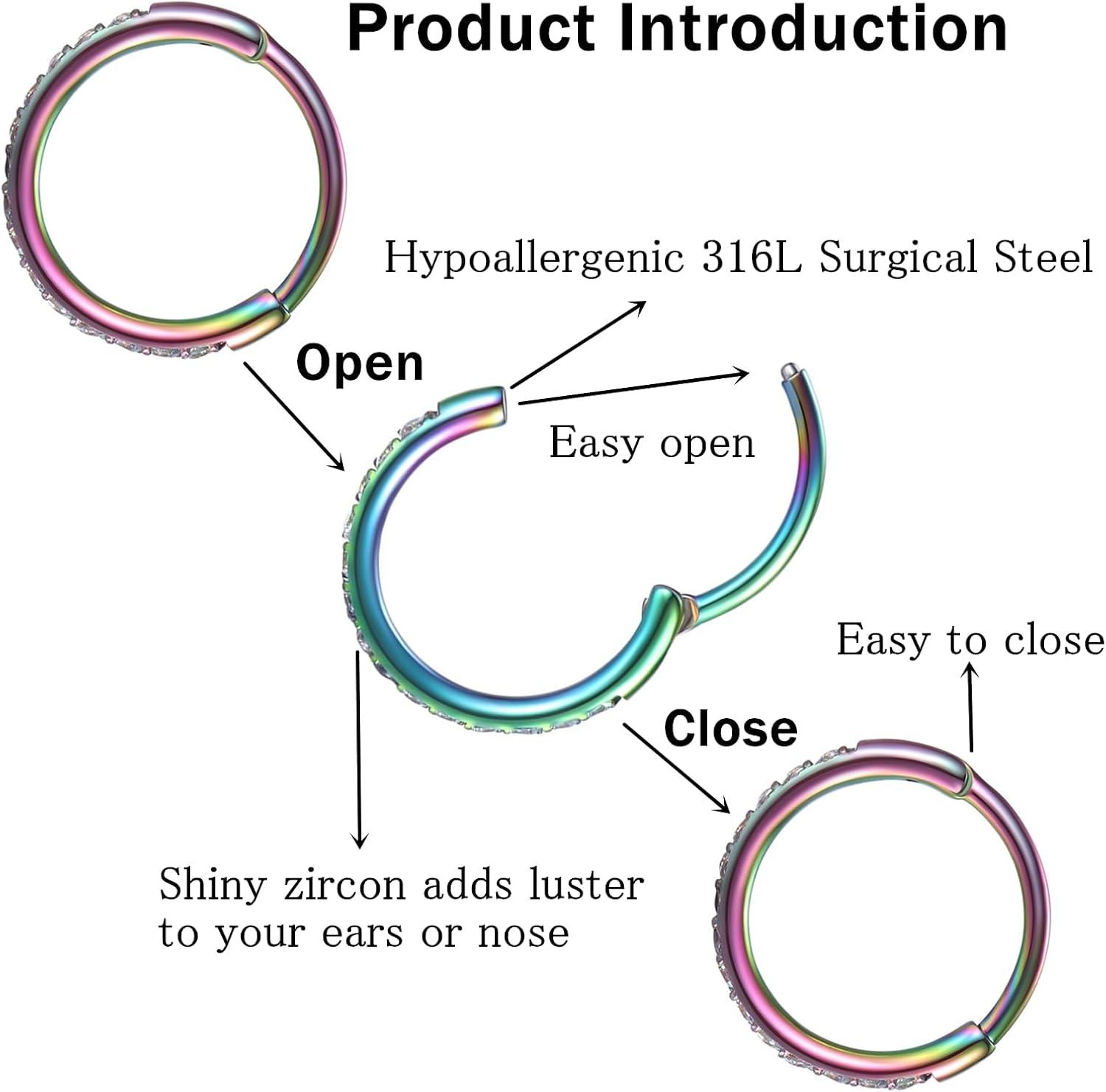 imageORANGELOVE 20G 18G 16G Clear CZ Nose Ring Hoop 316L Surgical Steel Seamless Silver Septum Ring Clicker Jewelry Cartilage Earring Ear Piercing Hoop Earrings for Women Men Helix Rook Lobe Conch Tragus Daith Lip Hinged Piercing Jewelry with Cubic Zirconia1pcClear CZ 20G 8mm Rainbow