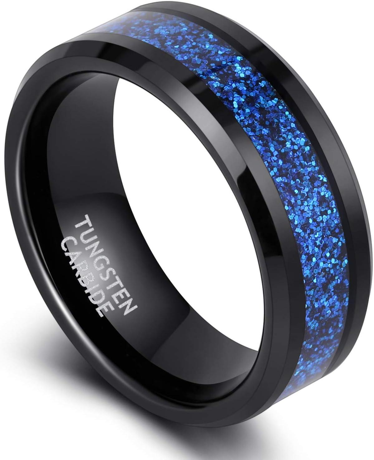 imageTRUMIUM 8mm Mens Wedding Bands Tungsen Ring Rose Gold Blue Sandstone Inlay Beveled Edges Comfort Fit Size 7138mm Black Blue