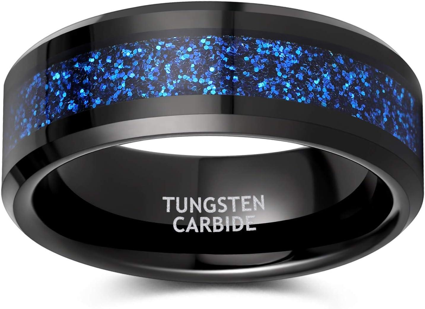 imageTRUMIUM 8mm Mens Wedding Bands Tungsen Ring Rose Gold Blue Sandstone Inlay Beveled Edges Comfort Fit Size 7138mm Black Blue