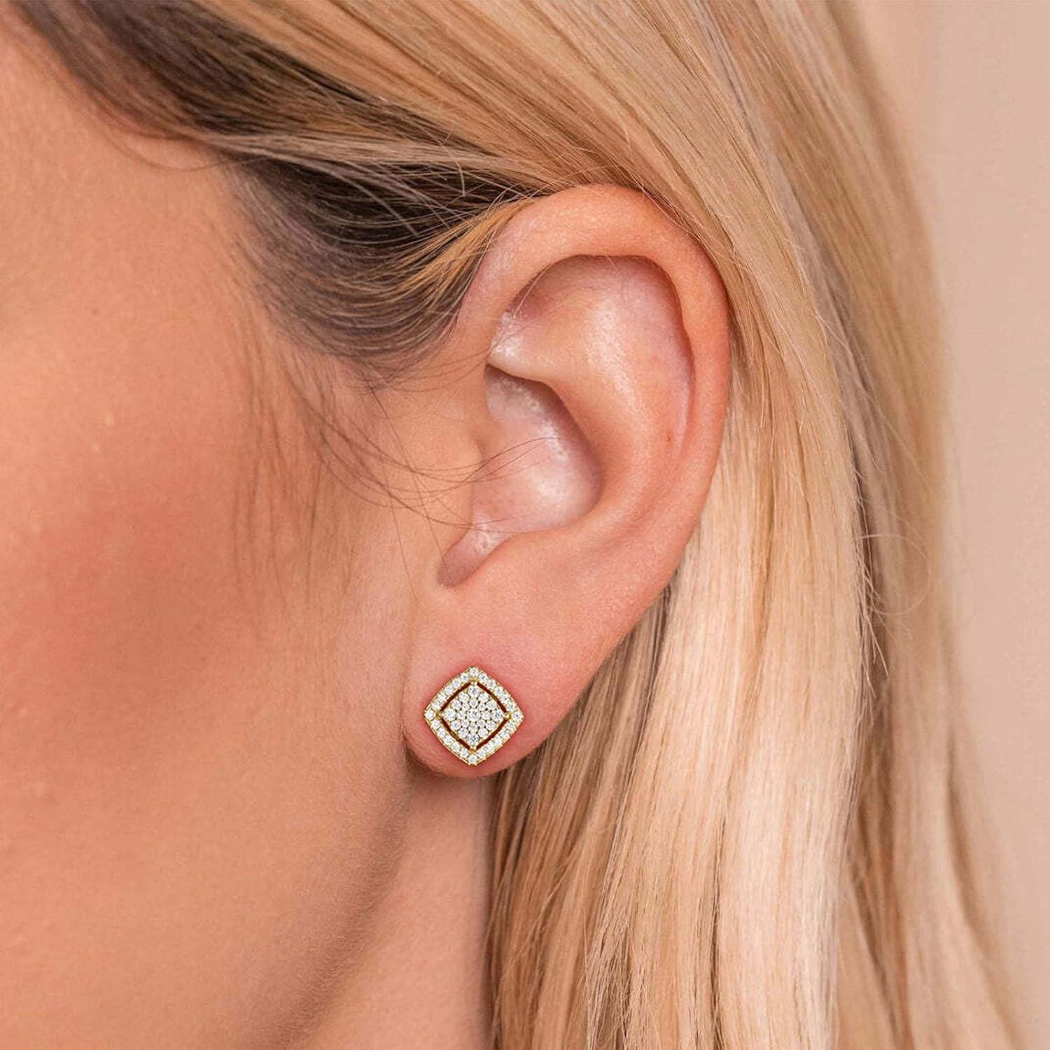 imageTRUMIUM Stud Earrings for Men Women Silver Gold Plated Layered Iced Out Sterling Silver Cz Earrings HypoallergenicSquare