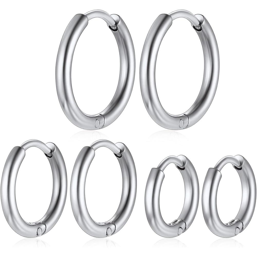 imageChainsHouse Hypoallergenic Surgical Stainless Steel Hoop Earrings Set 18K GoldBlack Metal Plated 7mm8mm9mm12mm 3 Pairs Nickel Free Huggie Hoop Earrings for Women Men with Gift BoxA steeldiameter 81012mm 3 pairs