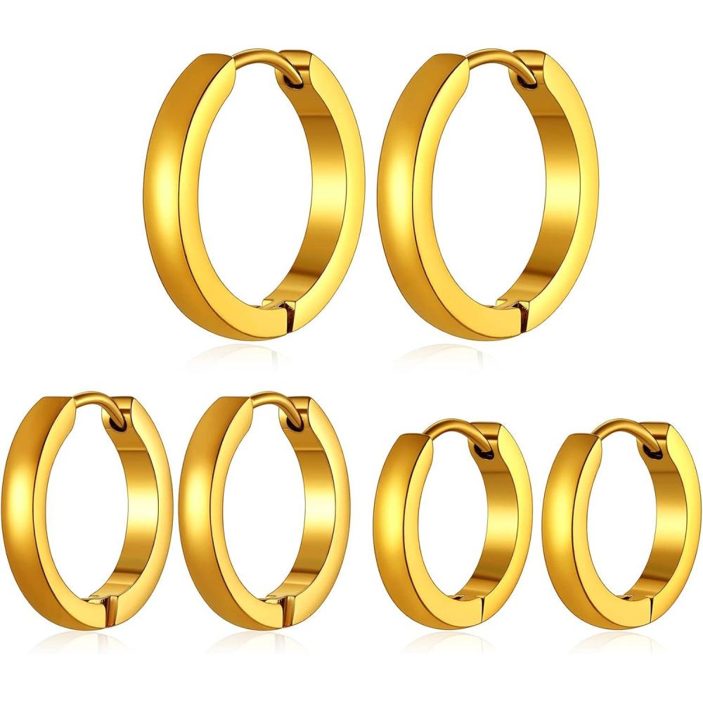 imageChainsHouse Hypoallergenic Surgical Stainless Steel Hoop Earrings Set 18K GoldBlack Metal Plated 7mm8mm9mm12mm 3 Pairs Nickel Free Huggie Hoop Earrings for Women Men with Gift BoxB golddiameter 7912mm 3 pairs