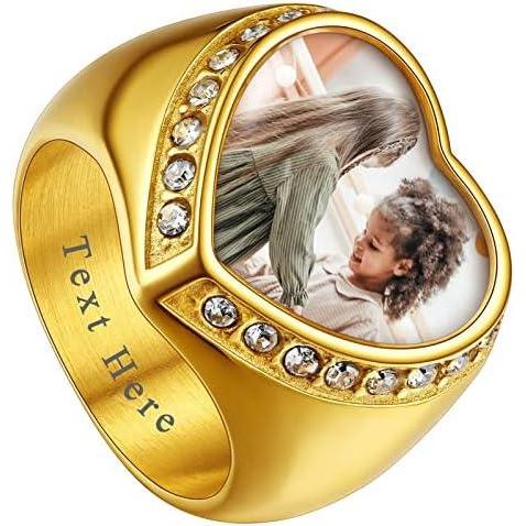 imageChainsHouse Signet Rings Solid Polished Stainless Steel Biker Ring for Men Women 316L Stainless Steel18K GoldBlack Metal Plated Text EngravingPhoto Custom Size 7 to 14 Send Gift Boxb CZ Heart Photo  Gold