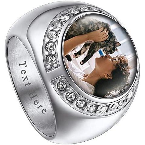 imageChainsHouse Signet Rings Solid Polished Stainless Steel Biker Ring for Men Women 316L Stainless Steel18K GoldBlack Metal Plated Text EngravingPhoto Custom Size 7 to 14 Send Gift Boxa CZ Round Photo  Steel