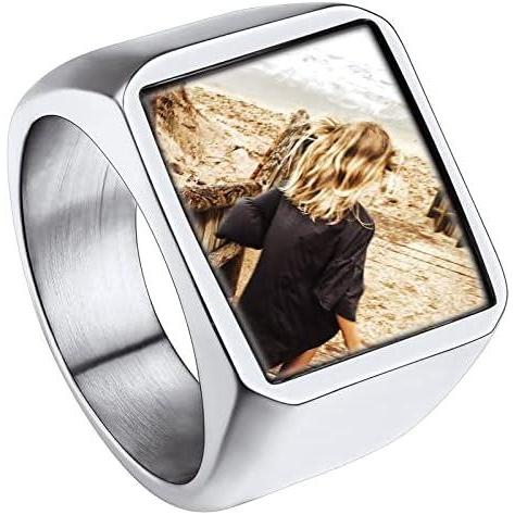 imageChainsHouse Signet Rings Solid Polished Stainless Steel Biker Ring for Men Women 316L Stainless Steel18K GoldBlack Metal Plated Text EngravingPhoto Custom Size 7 to 14 Send Gift Boxd Square Photo  Steel