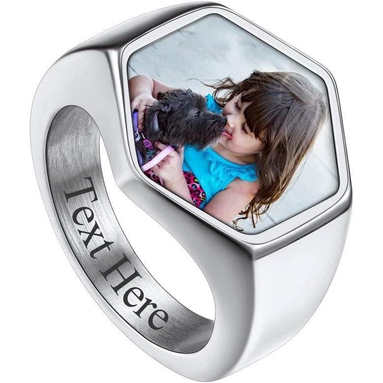 imageChainsHouse Signet Rings Solid Polished Stainless Steel Biker Ring for Men Women 316L Stainless Steel18K GoldBlack Metal Plated Text EngravingPhoto Custom Size 7 to 14 Send Gift Boxe Hexagonal Photo Steel