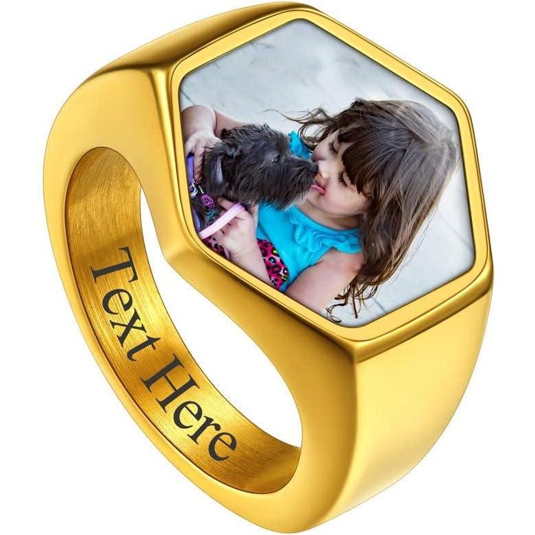 imageChainsHouse Signet Rings Solid Polished Stainless Steel Biker Ring for Men Women 316L Stainless Steel18K GoldBlack Metal Plated Text EngravingPhoto Custom Size 7 to 14 Send Gift Boxe Hexagonal Photo Gold