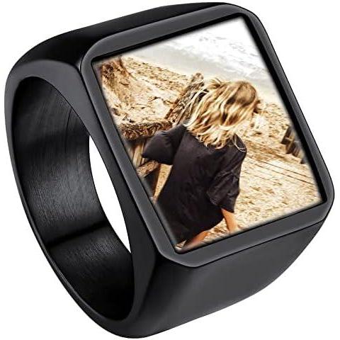imageChainsHouse Signet Rings Solid Polished Stainless Steel Biker Ring for Men Women 316L Stainless Steel18K GoldBlack Metal Plated Text EngravingPhoto Custom Size 7 to 14 Send Gift Boxd Square Photo  Black