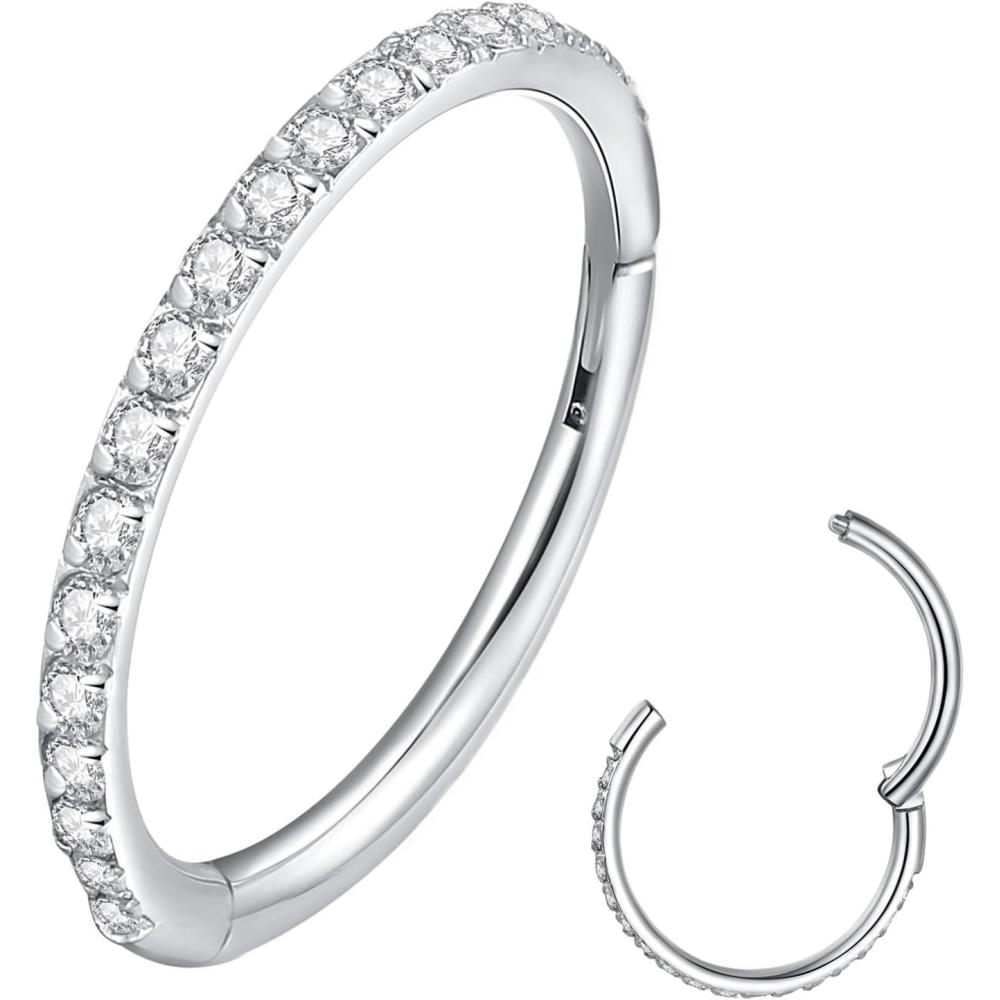 imageORANGELOVE 20G 18G 16G Clear CZ Nose Ring Hoop 316L Surgical Steel Seamless Silver Septum Ring Clicker Jewelry Cartilage Earring Ear Piercing Hoop Earrings for Women Men Helix Rook Lobe Conch Tragus Daith Lip Hinged Piercing Jewelry with Cubic Zirconia2pcsClear CZ 18G 8mm Silver