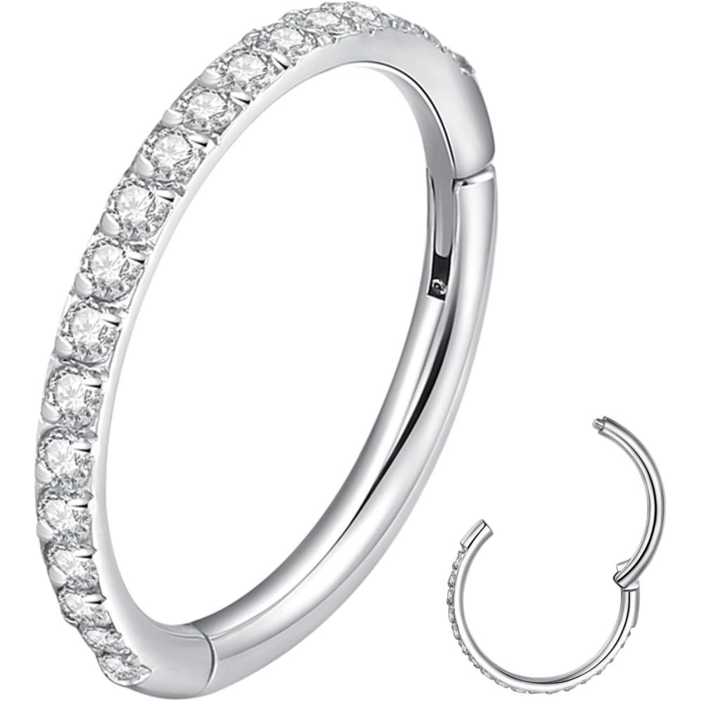 imageORANGELOVE 20G 18G 16G Clear CZ Nose Ring Hoop 316L Surgical Steel Seamless Silver Septum Ring Clicker Jewelry Cartilage Earring Ear Piercing Hoop Earrings for Women Men Helix Rook Lobe Conch Tragus Daith Lip Hinged Piercing Jewelry with Cubic Zirconia2pcsClear CZ 16G 12mm Silver