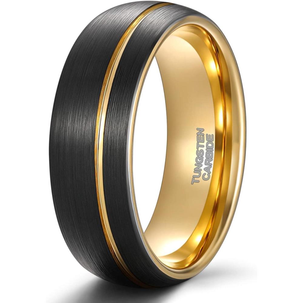 imageTRUMIUM 8mm 24K Gold Plated Tungsten Carbide Rings Black Mens Wedding Band Groove Center Ring Beveled Edges Comfort Fit Size 7148mm 24k gold plated groove