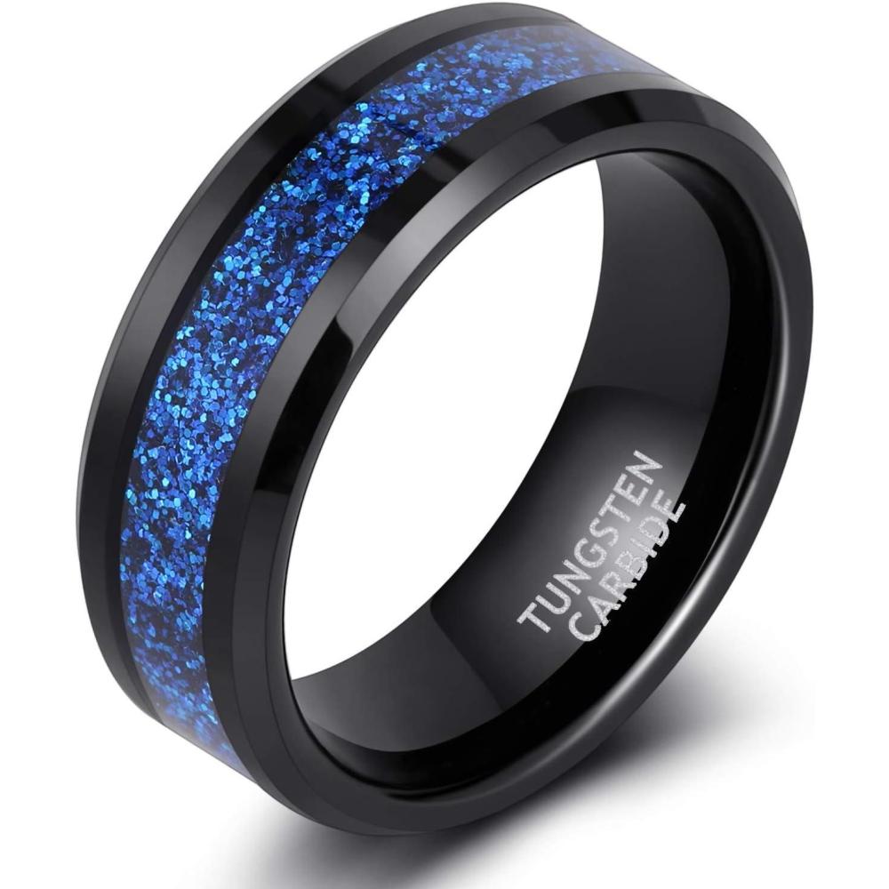 imageTRUMIUM 8mm Mens Wedding Bands Tungsen Ring Rose Gold Blue Sandstone Inlay Beveled Edges Comfort Fit Size 7138mm Black Blue