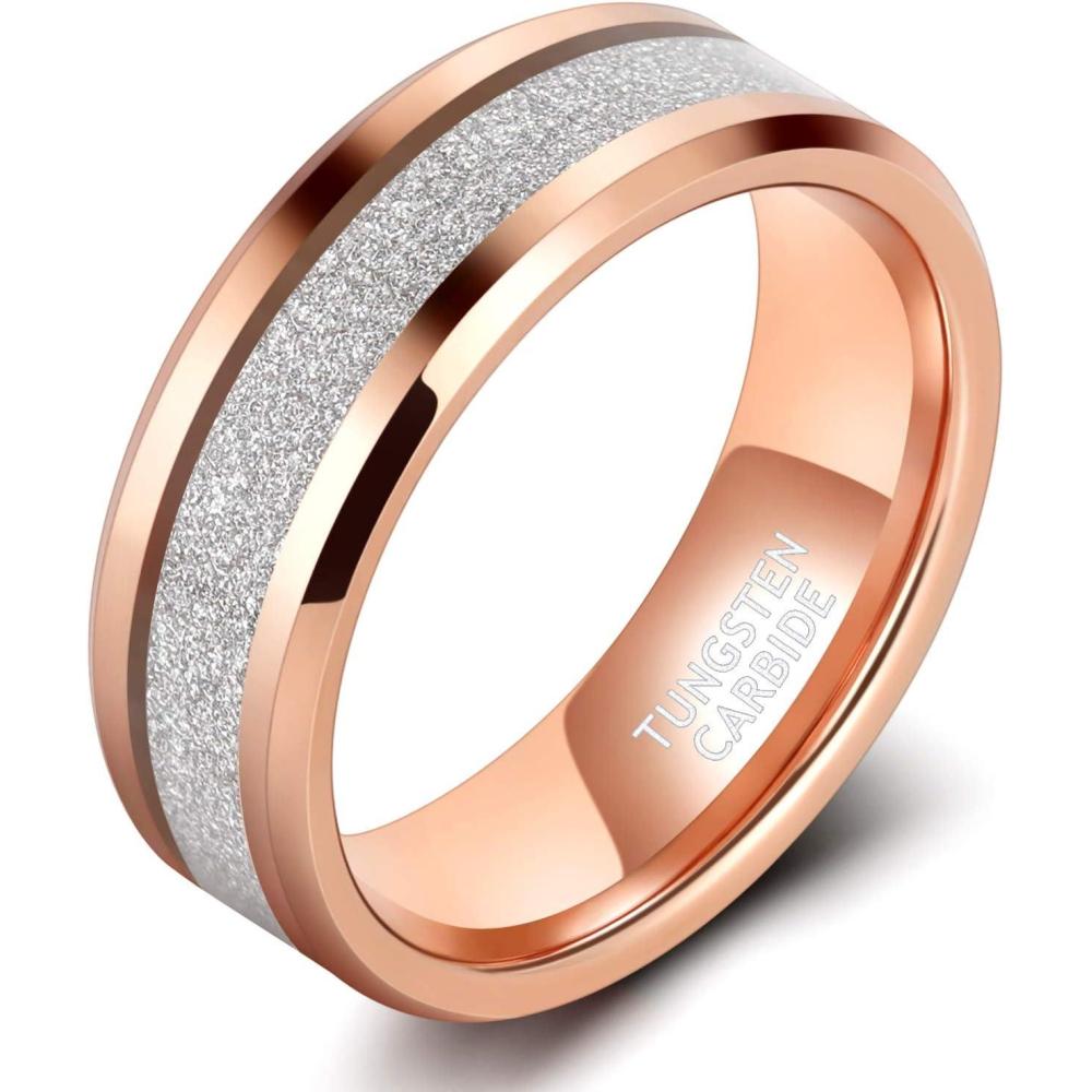 imageTRUMIUM 8mm Mens Wedding Bands Tungsen Ring Rose Gold Blue Sandstone Inlay Beveled Edges Comfort Fit Size 7138mm Rose Gold
