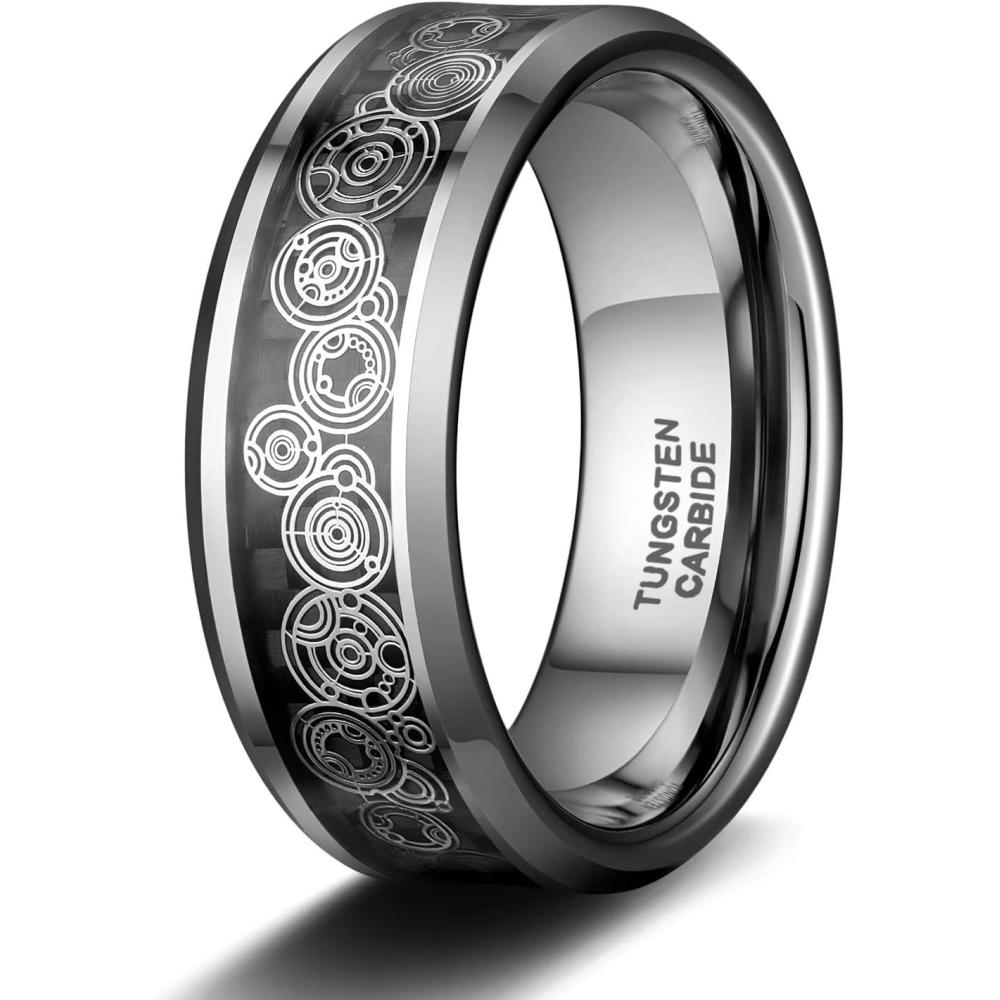 imageTRUMIUM 8mm Tungsten Rings for Men Women Silver Blue Rose Gold Black Tungsten Wedding Band Gear Steampunk Wheel Carbon Fiber Ring Comfort Fit Size 613Silver