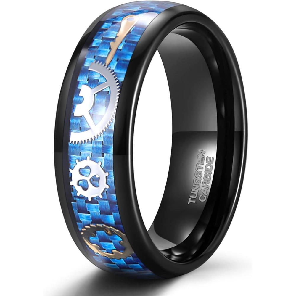 imageTRUMIUM 8mm Tungsten Rings for Men Women Silver Blue Rose Gold Black Tungsten Wedding Band Gear Steampunk Wheel Carbon Fiber Ring Comfort Fit Size 613Blue Carbon Fiber