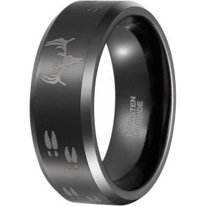 8mm Black Etched Deer Head Tungsten Carbide Wedding Band Men’s Hunting Ring Size 6-15