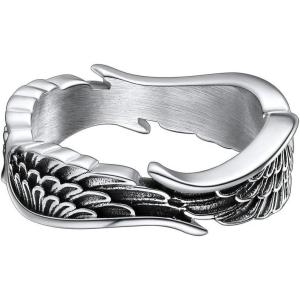 ChainsHouse Antique Ring Feather Angel Wing for Men Women, Stainless Steel/18K Gold/Black Metal Plated, Sturdy Vintage Feather Band Rings Jewelry, Size 7-12, Offer Custom Service(a. Silver)