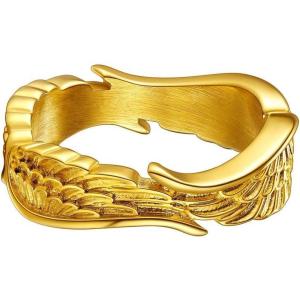 ChainsHouse Antique Ring Feather Angel Wing for Men Women, Stainless Steel/18K Gold/Black Metal Plated, Sturdy Vintage Feather Band Rings Jewelry, Size 7-12, Offer Custom Service(b. Gold)