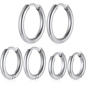 ChainsHouse Hypoallergenic Surgical Stainless Steel Hoop Earrings Set, 18K Gold/Black Metal Plated 7mm/8mm/9mm/12mm 3 Pairs Nickel Free Huggie Hoop Earrings for Women Men, with Gift Box(A: steel-diameter 8/10/12mm 3 pairs)