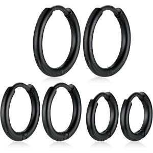 ChainsHouse Hypoallergenic Surgical Stainless Steel Hoop Earrings Set, 18K Gold/Black Metal Plated 7mm/8mm/9mm/12mm 3 Pairs Nickel Free Huggie Hoop Earrings for Women Men, with Gift Box(A: black-diameter 8/10/12mm 3 pairs)