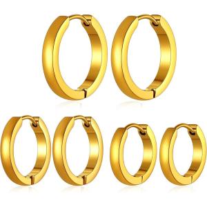 ChainsHouse Hypoallergenic Surgical Stainless Steel Hoop Earrings Set, 18K Gold/Black Metal Plated 7mm/8mm/9mm/12mm 3 Pairs Nickel Free Huggie Hoop Earrings for Women Men, with Gift Box(B: gold-diameter 7/9/12mm 3 pairs)