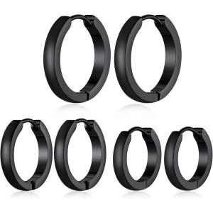 ChainsHouse Hypoallergenic Surgical Stainless Steel Hoop Earrings Set, 18K Gold/Black Metal Plated 7mm/8mm/9mm/12mm 3 Pairs Nickel Free Huggie Hoop Earrings for Women Men, with Gift Box(B: black-diameter 7/9/12mm 3 pairs)