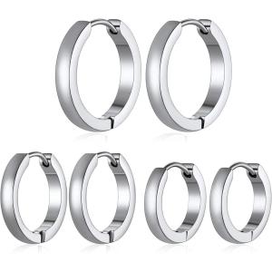 ChainsHouse Hypoallergenic Surgical Stainless Steel Hoop Earrings Set, 18K Gold/Black Metal Plated 7mm/8mm/9mm/12mm 3 Pairs Nickel Free Huggie Hoop Earrings for Women Men, with Gift Box(B: steel-diameter 7/9/12mm 3 pairs)