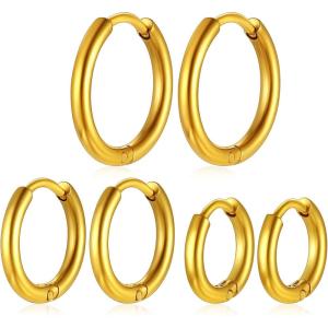 ChainsHouse Hypoallergenic Surgical Stainless Steel Hoop Earrings Set, 18K Gold/Black Metal Plated 7mm/8mm/9mm/12mm 3 Pairs Nickel Free Huggie Hoop Earrings for Women Men, with Gift Box(A: gold-diameter 8/10/12mm 3 pairs)