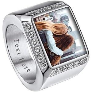 ChainsHouse Signet Rings Solid Polished Stainless Steel Biker Ring for Men Women, 316L Stainless Steel/18K Gold/Black Metal Plated, Text Engraving/Photo Custom, Size 7 to 14, Send Gift Box(c. CZ Square Photo – Steel)
