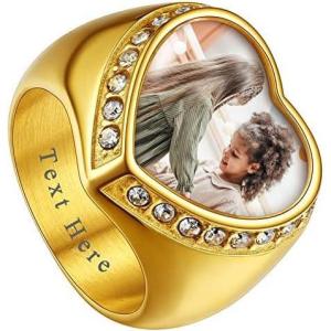 ChainsHouse Signet Rings Solid Polished Stainless Steel Biker Ring for Men Women, 316L Stainless Steel/18K Gold/Black Metal Plated, Text Engraving/Photo Custom, Size 7 to 14, Send Gift Box(b. CZ Heart Photo – Gold)