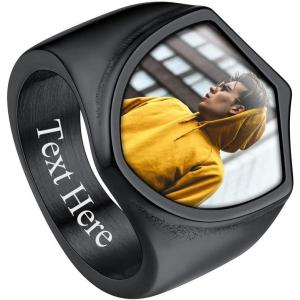 ChainsHouse Signet Rings Solid Polished Stainless Steel Biker Ring for Men Women, 316L Stainless Steel/18K Gold/Black Metal Plated, Text Engraving/Photo Custom, Size 7 to 14, Send Gift Box(e. Shield Photo – Black)