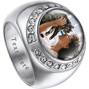 ChainsHouse Signet Rings Solid Polished Stainless Steel Biker Ring for Men Women, 316L Stainless Steel/18K Gold/Black Metal Plated, Text Engraving/Photo Custom, Size 7 to 14, Send Gift Box(a. CZ Round Photo – Steel)