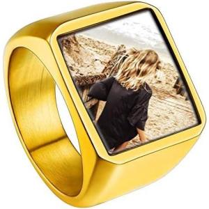 ChainsHouse Signet Rings Solid Polished Stainless Steel Biker Ring for Men Women, 316L Stainless Steel/18K Gold/Black Metal Plated, Text Engraving/Photo Custom, Size 7 to 14, Send Gift Box(d. Square Photo – Gold)