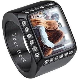 ChainsHouse Signet Rings Solid Polished Stainless Steel Biker Ring for Men Women, 316L Stainless Steel/18K Gold/Black Metal Plated, Text Engraving/Photo Custom, Size 7 to 14, Send Gift Box(c. CZ Square Photo – Black)