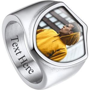 ChainsHouse Signet Rings Solid Polished Stainless Steel Biker Ring for Men Women, 316L Stainless Steel/18K Gold/Black Metal Plated, Text Engraving/Photo Custom, Size 7 to 14, Send Gift Box(e. Shield Photo – Steel)