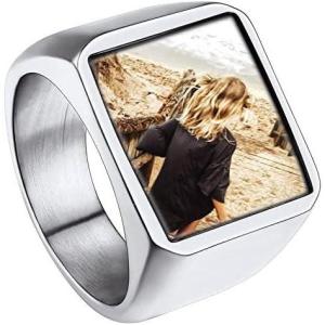 ChainsHouse Signet Rings Solid Polished Stainless Steel Biker Ring for Men Women, 316L Stainless Steel/18K Gold/Black Metal Plated, Text Engraving/Photo Custom, Size 7 to 14, Send Gift Box(d. Square Photo – Steel)