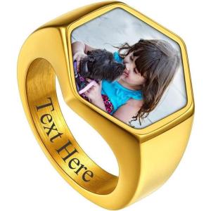 ChainsHouse Signet Rings Solid Polished Stainless Steel Biker Ring for Men Women, 316L Stainless Steel/18K Gold/Black Metal Plated, Text Engraving/Photo Custom, Size 7 to 14, Send Gift Box(e. Hexagonal Photo – Gold)