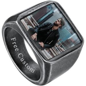 ChainsHouse Signet Rings Solid Polished Stainless Steel Biker Ring for Men Women, 316L Stainless Steel/18K Gold/Black Metal Plated, Text Engraving/Photo Custom, Size 7 to 14, Send Gift Box(d. Square Photo – Vintage Grey)
