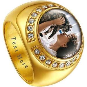 ChainsHouse Signet Rings Solid Polished Stainless Steel Biker Ring for Men Women, 316L Stainless Steel/18K Gold/Black Metal Plated, Text Engraving/Photo Custom, Size 7 to 14, Send Gift Box(a. CZ Round Photo – Gold)