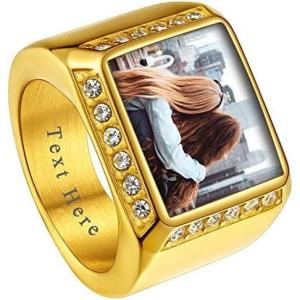 ChainsHouse Signet Rings Solid Polished Stainless Steel Biker Ring for Men Women, 316L Stainless Steel/18K Gold/Black Metal Plated, Text Engraving/Photo Custom, Size 7 to 14, Send Gift Box(c. CZ Square Photo – Gold)