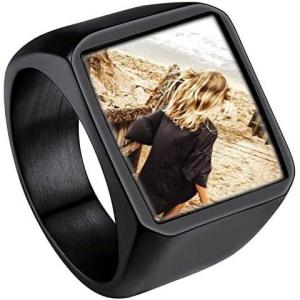 ChainsHouse Signet Rings Solid Polished Stainless Steel Biker Ring for Men Women, 316L Stainless Steel/18K Gold/Black Metal Plated, Text Engraving/Photo Custom, Size 7 to 14, Send Gift Box(d. Square Photo – Black)